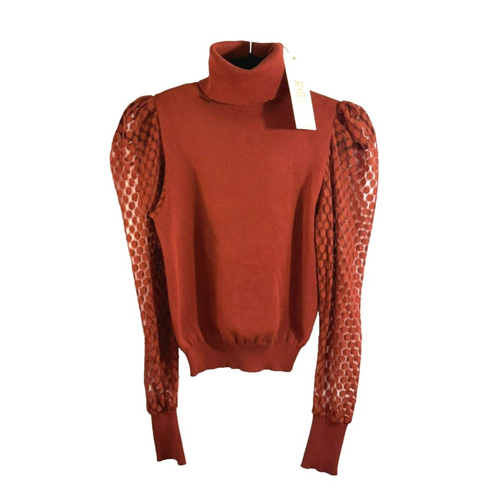 NWT LOVE TREE Solid knit turtle Neck Balloon Lace Sleeve Sweater S rust orange